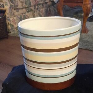 Striped Ceramic Planter Pot/ Waste Basket Or Utensil Bin in Blue, Cream & Brown
